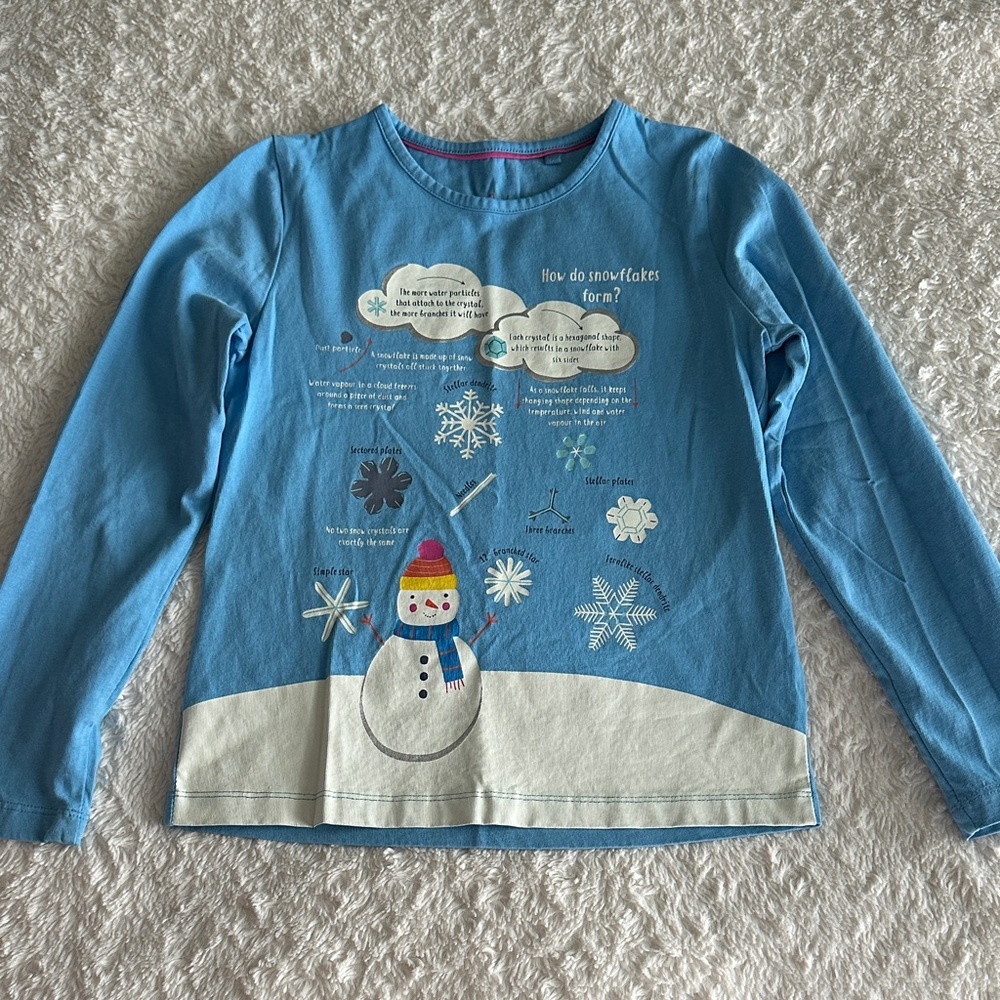 Mini Boden girls size 8-9 blue long sleeve shirt snowman science of snow design